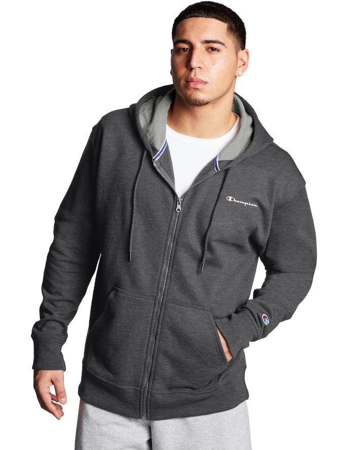 Champion Hoodie Heren - DonkerGrijs - Powerblend Fleece Full Zip Script Logo ( 628047-XHF )